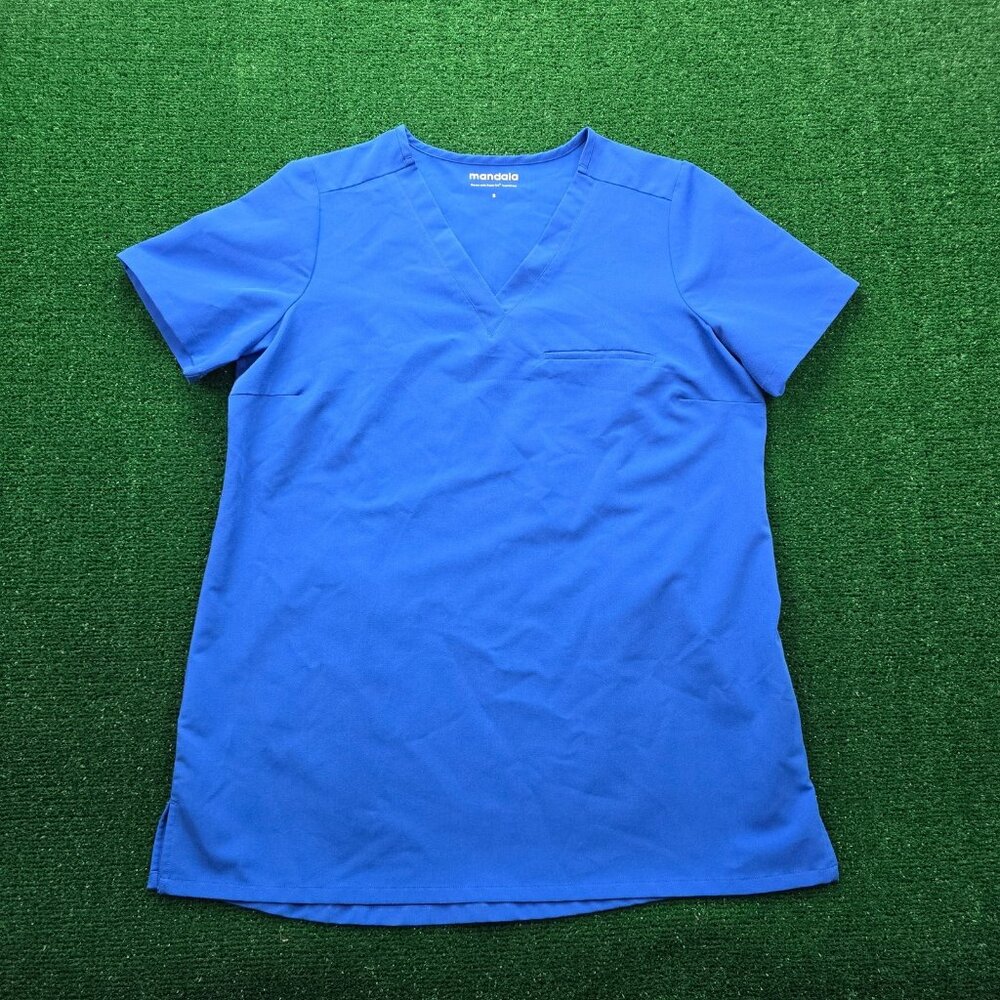 Mandala Scrubs Top Mens Small V-Neck Blue Equa Tek Nurse‎ Medical Shirt Pocket